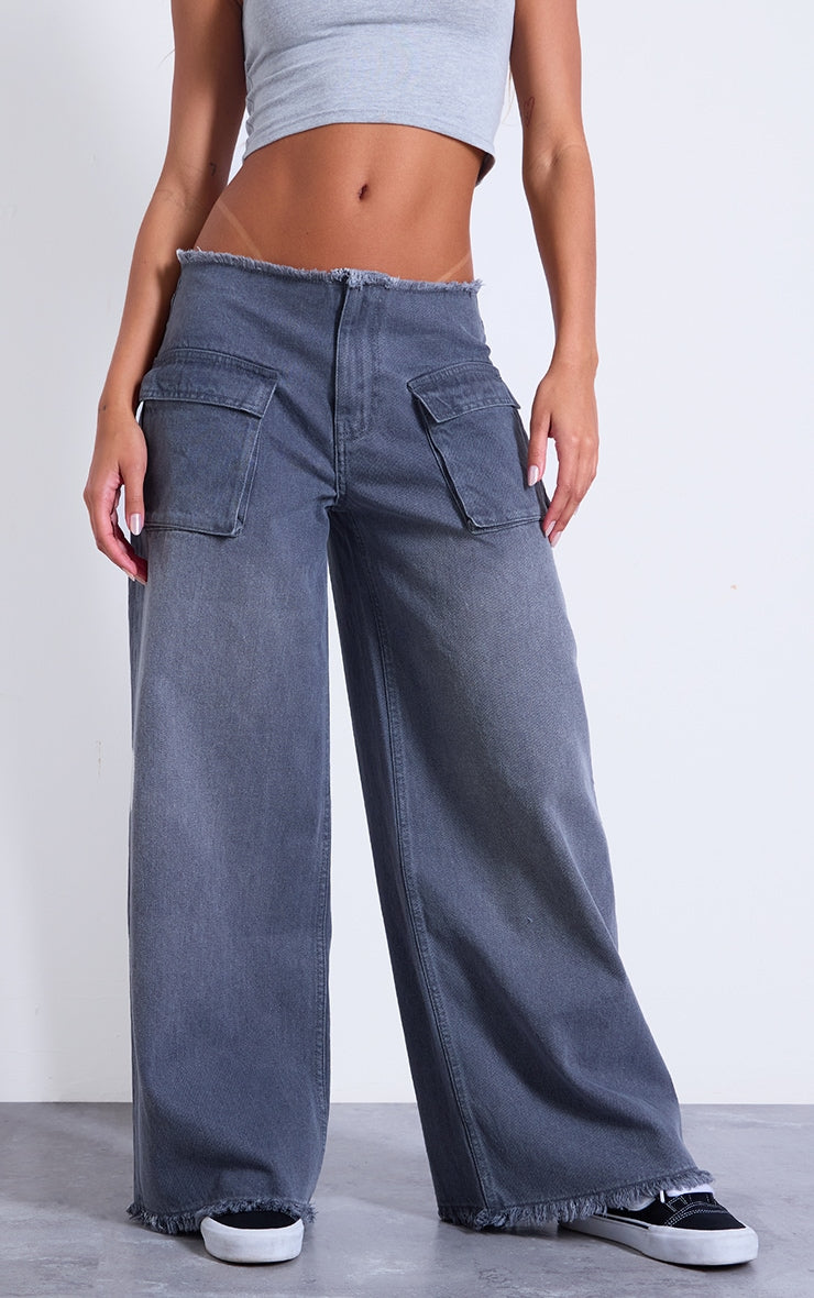 Grey Pocket Detail Frayed Hem Wide Leg Jeans Next Day Delivery Before 10 pm