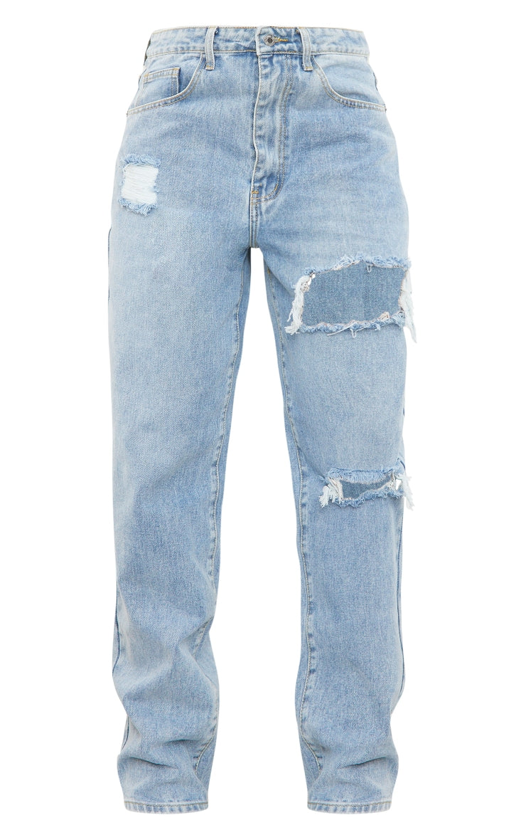 Light Blue Wash Open Knee Boyfriend Jeans