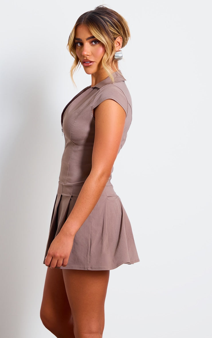 Khaki Zip Up Pleated Shift Dress