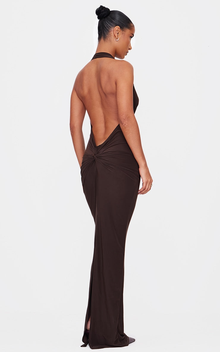 Chocolate Soft Touch Cowl Neck Twist Back Detail Maxi Dress Next Day Delivery