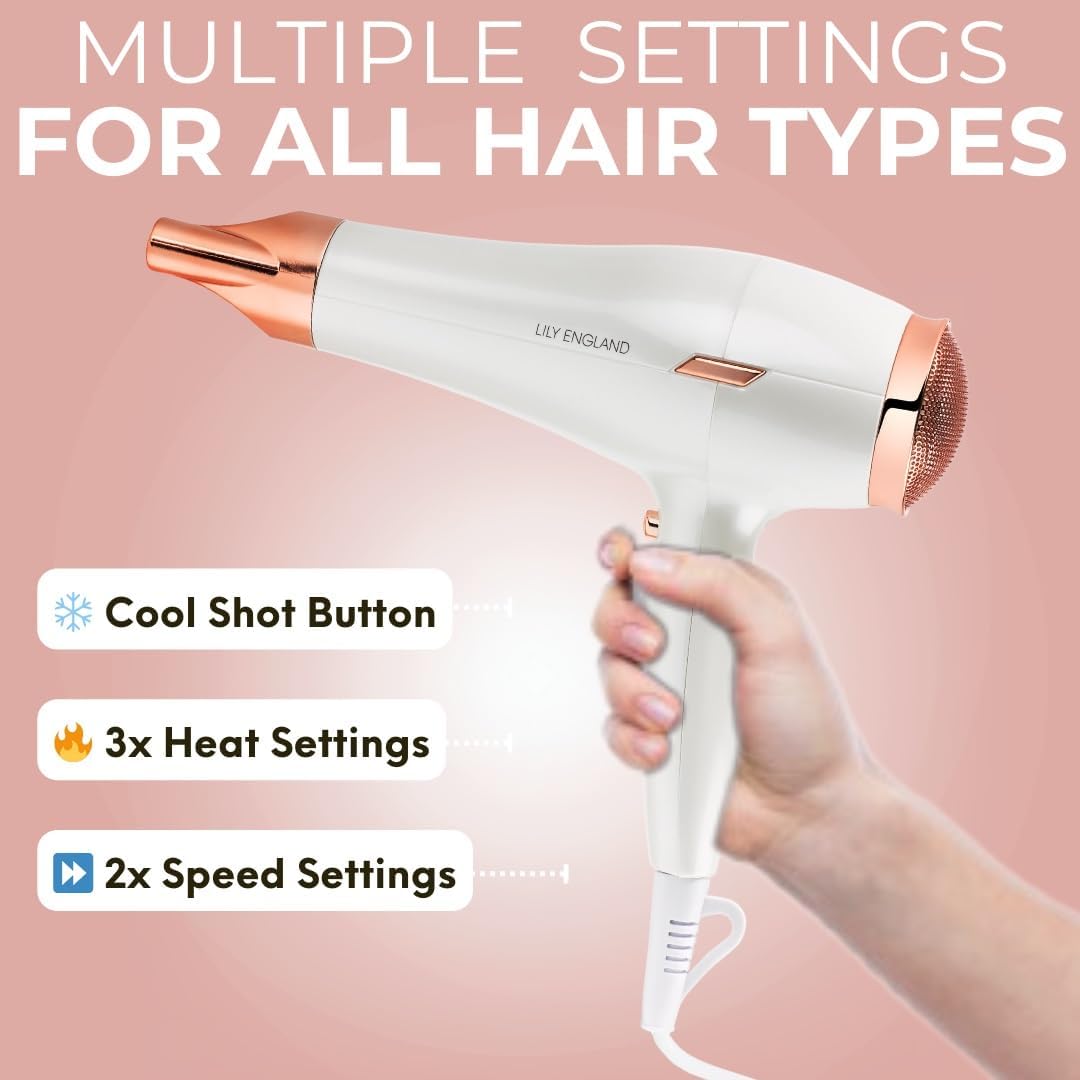Next Day Delivery RRP £49.99 Lily England Lightweight Hair Dryer - Quiet Hairdryer with Cold Setting for Shine Boost, Hairdryers for Women Multiple Heat & Speed Settings, White & Rose Gold