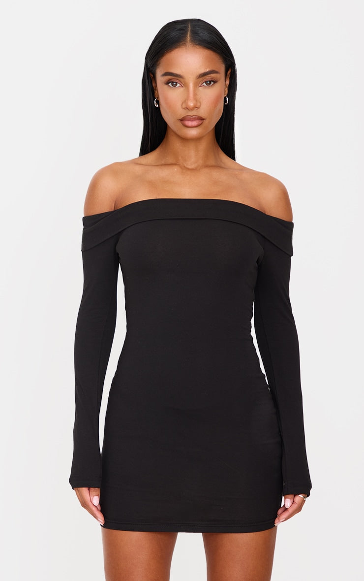Black Cotton Bardot Fold Over Mini Dress Next Day Delivery Before 10PM