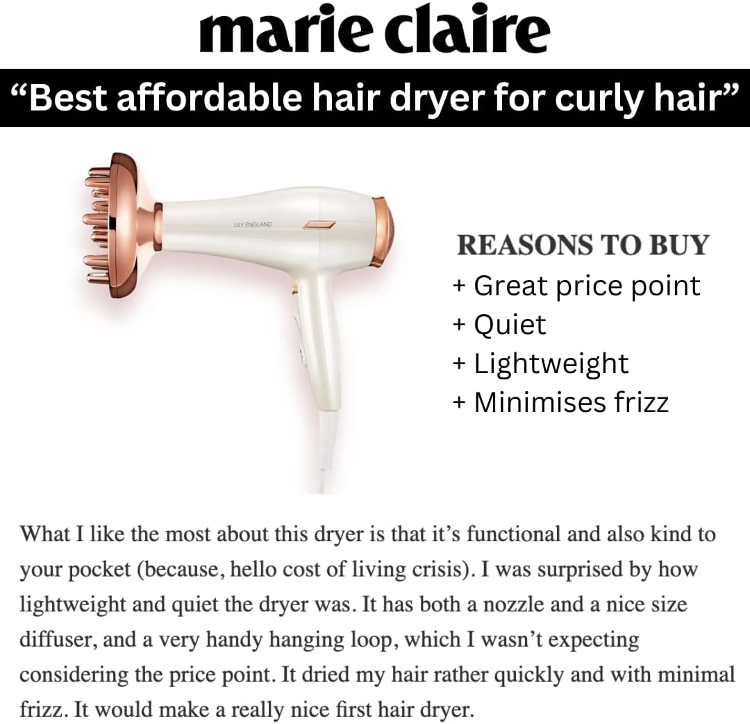 Next Day Delivery RRP £49.99 Lily England Lightweight Hair Dryer - Quiet Hairdryer with Cold Setting for Shine Boost, Hairdryers for Women Multiple Heat & Speed Settings, White & Rose Gold