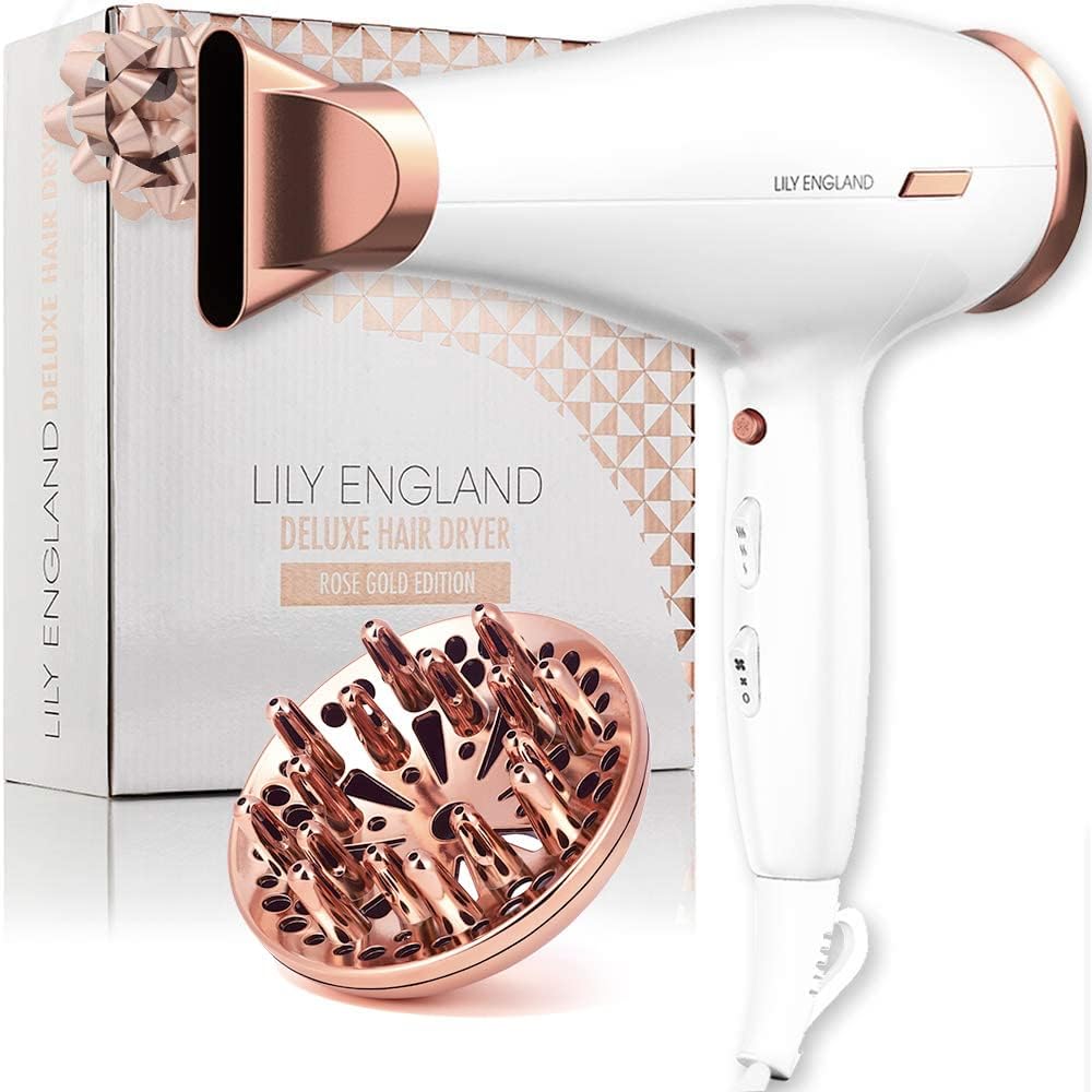 Next Day Delivery RRP £49.99 Lily England Lightweight Hair Dryer - Quiet Hairdryer with Cold Setting for Shine Boost, Hairdryers for Women Multiple Heat & Speed Settings, White & Rose Gold
