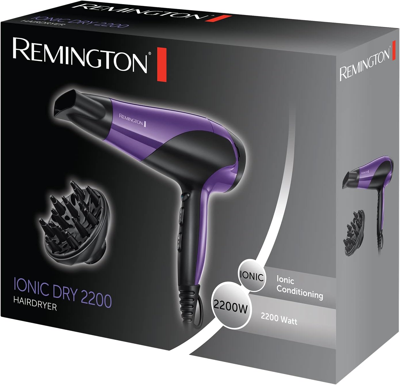 Next Day Delivery RRP £51.99Remington Hair Dryer Ionic (Powerful, Fast Professional Styling, Diffuser, Concentrator, Ionic Conditioning for Frizz Free Hair, 3 Heat / 2 Speed Settings, Cool Shot, 2200W, Purple) D3190