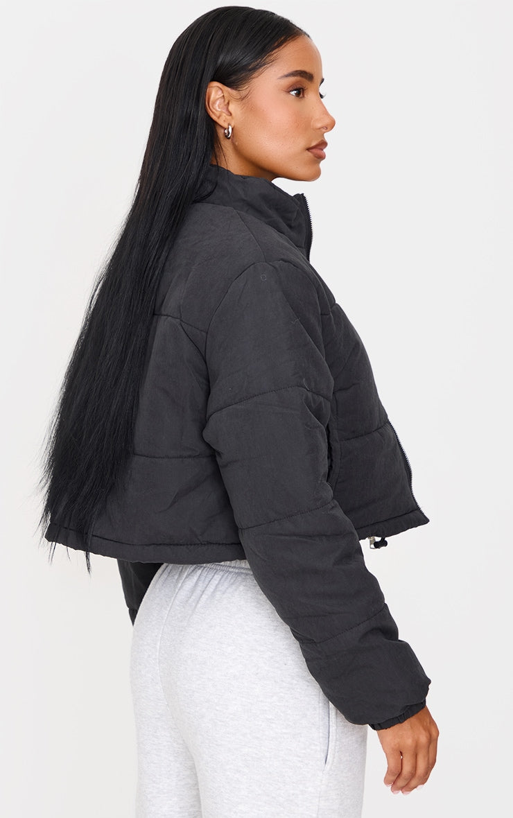 Black Super Cropped Peach Skin Puffer Next Day Delivery Before 10PM