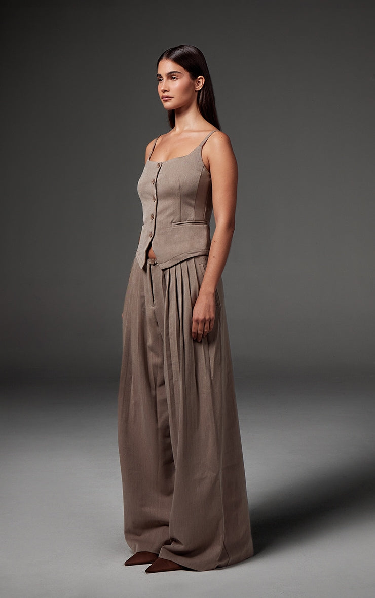 Premium Taupe Woven Button Up Detail Tailored Top Next Day Delivery