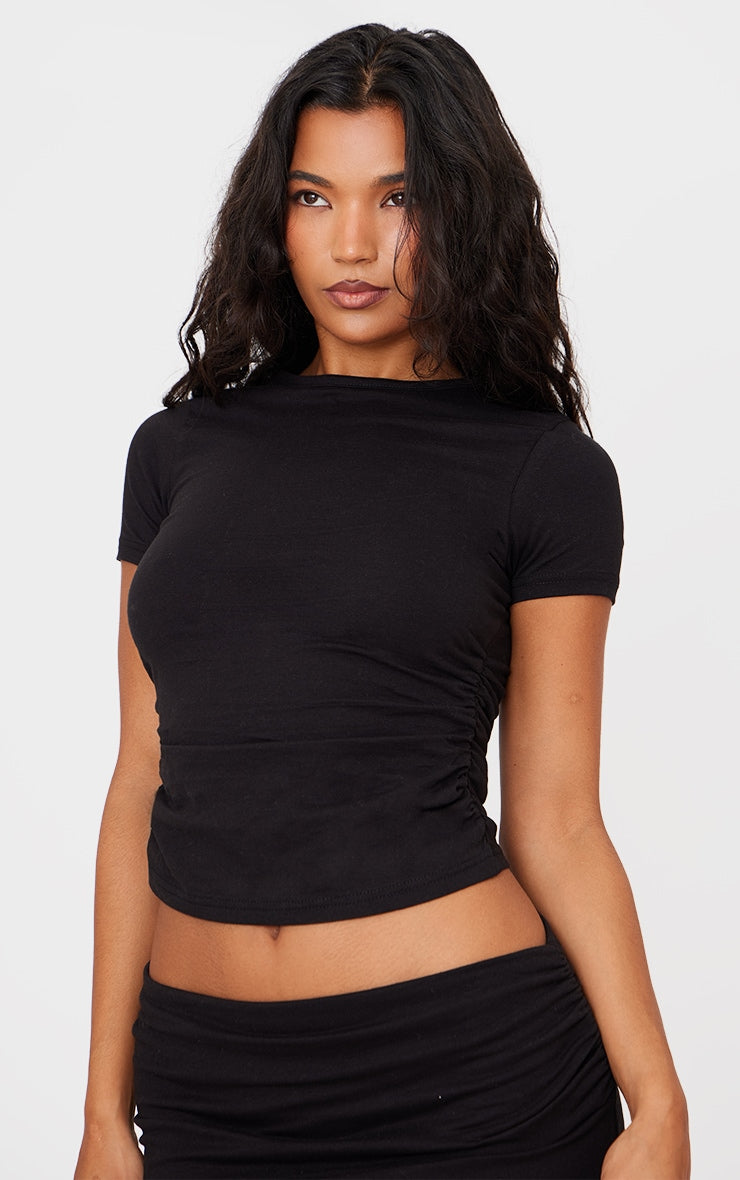 Black Cotton Side Cap Sleeve Ruched Top Next Day Before 10 PM