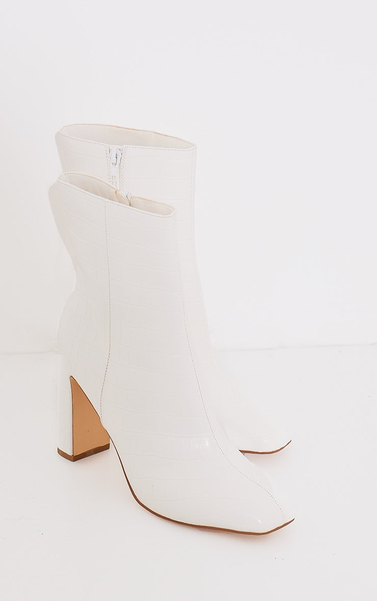 Next Day Delivery Before 10 pm Black Pu Croc Square Toe Zip Block High Heeled Ankle Boots