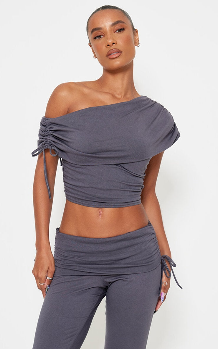 Dark Brown Ruched Side Off The Shoulder Top Next Day Before 10PM