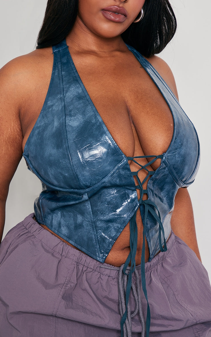 Plus Olive Washed Faux Leather Lace Up Plunge Halterneck Top
