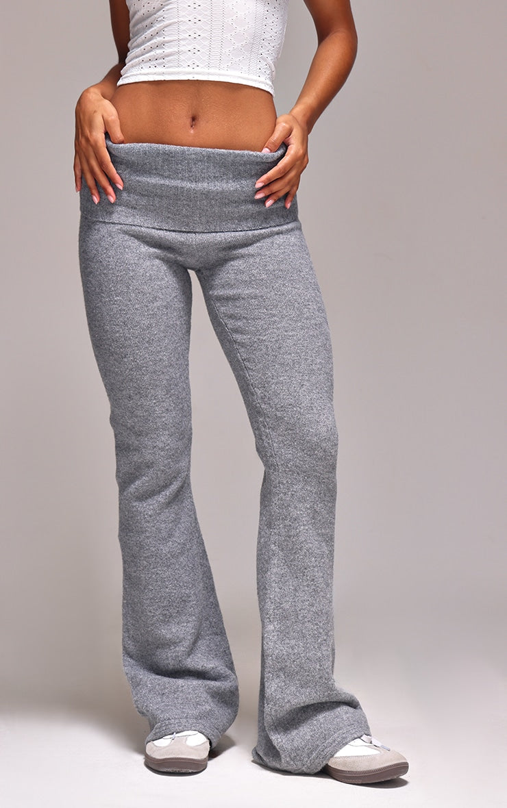 Ash Grey Melange Soft Knit Foldover Waist Flared Trousers Next Day Delivery