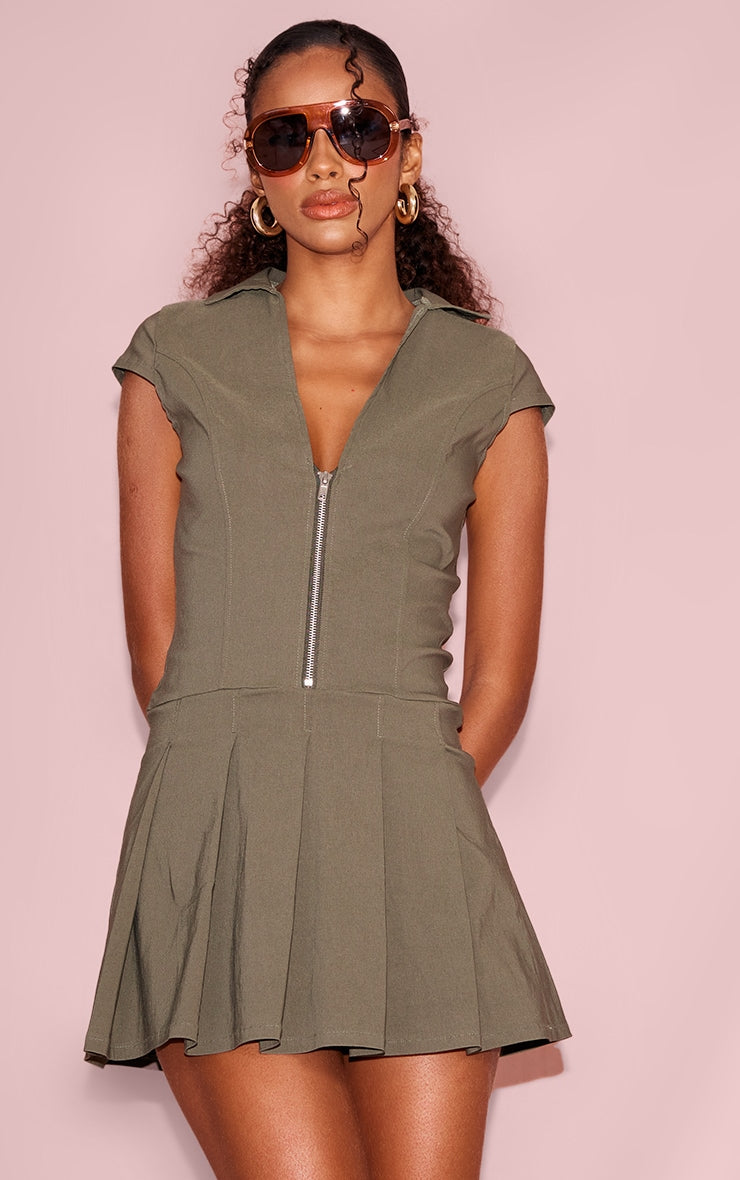 Khaki Zip Up Pleated Shift Dress