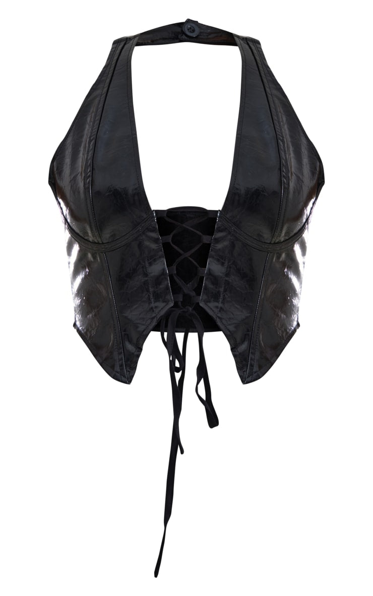 Next Day Delivery Before 10 PM Dark Green Washed Faux Leather Lace Up Plunge Halterneck Top