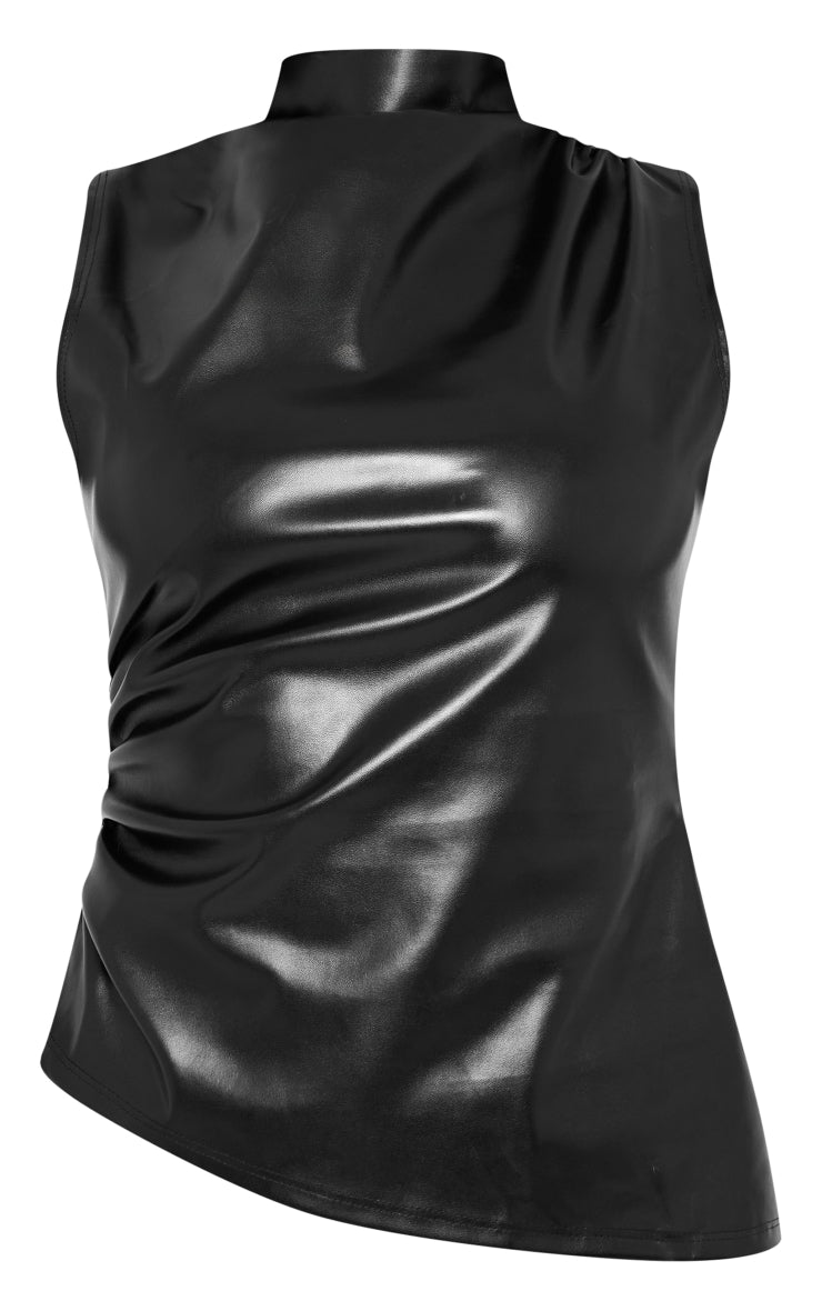 Next Day Delivery Before 10 pm Black Faux Leather High Neck Asymmetric Hem Side Ruch Top