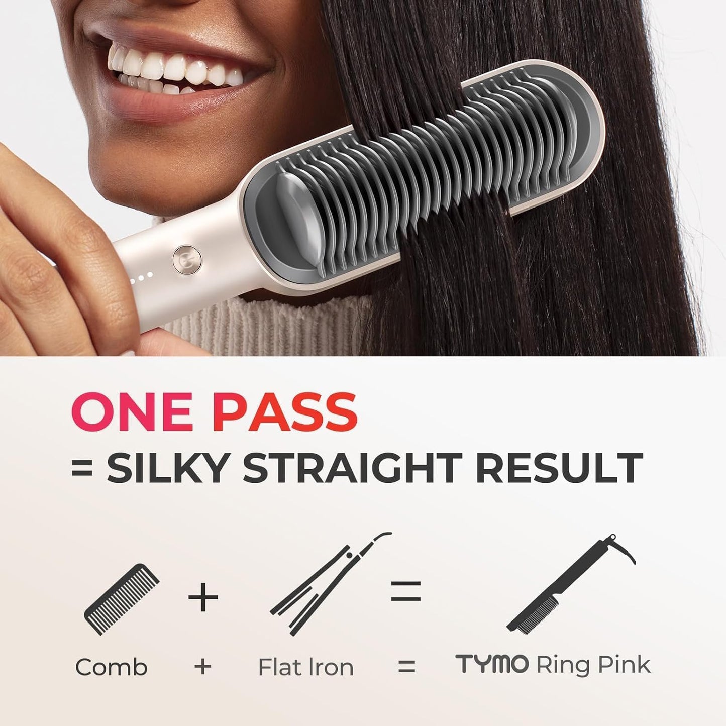 Next Day Delivery TYMO Hair Straightener Brush UK, Flat Iron and Hair Brush 2-in-1, Anti-Scald, Fast Heating, 5 Temp Settings (130℃-210℃), Professional Salon at Home, Wider Comb for Even Straightening, TYMO Ring
