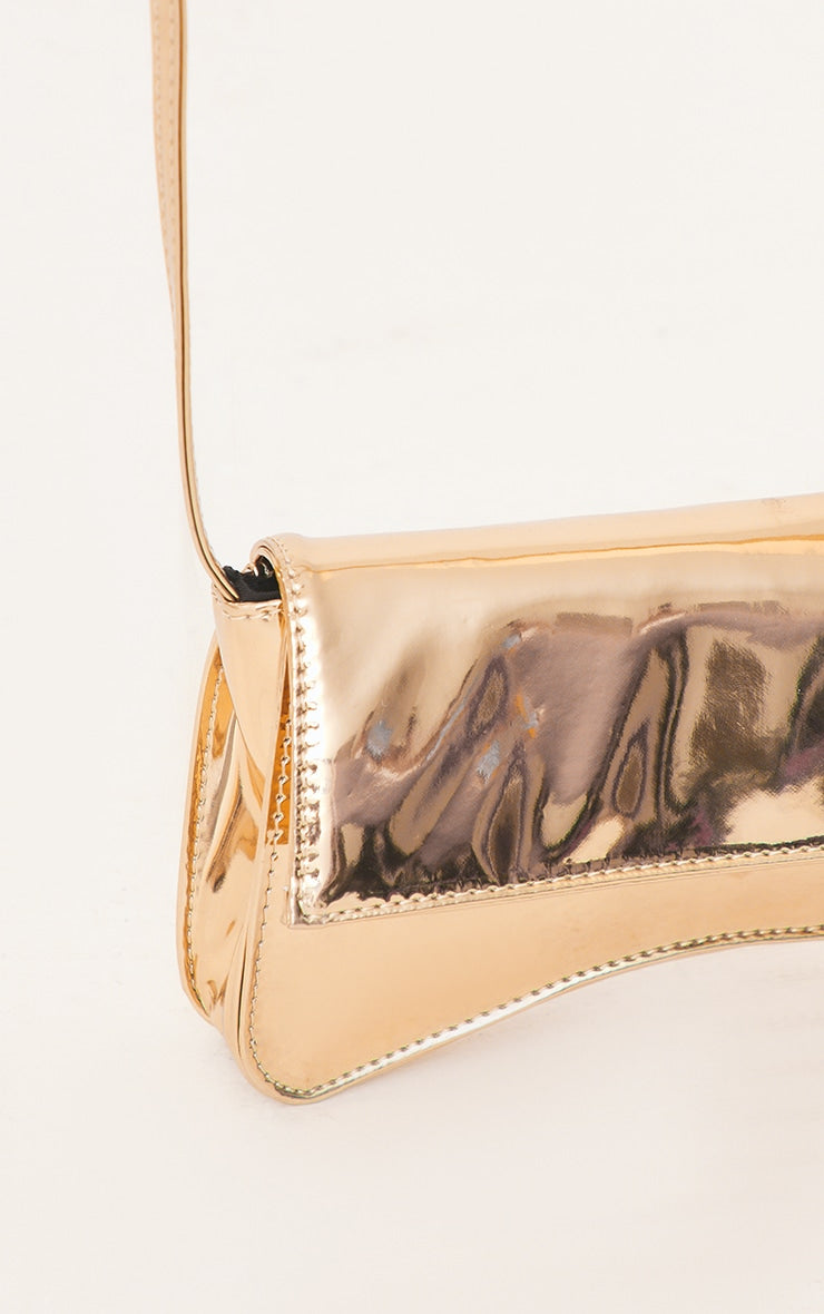 Gold PU Flap Over Baguette Shoulder Bag