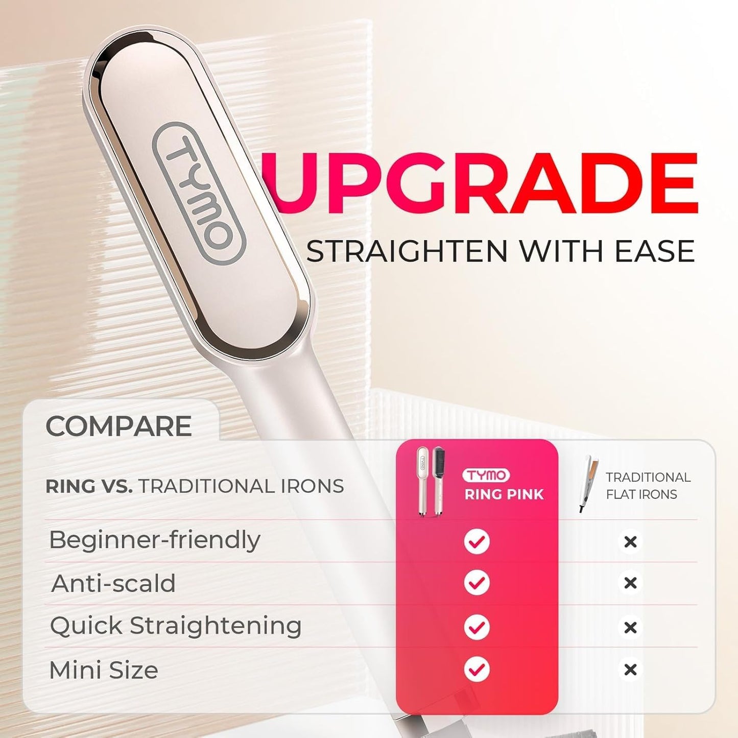 Next Day Delivery TYMO Hair Straightener Brush UK, Flat Iron and Hair Brush 2-in-1, Anti-Scald, Fast Heating, 5 Temp Settings (130℃-210℃), Professional Salon at Home, Wider Comb for Even Straightening, TYMO Ring