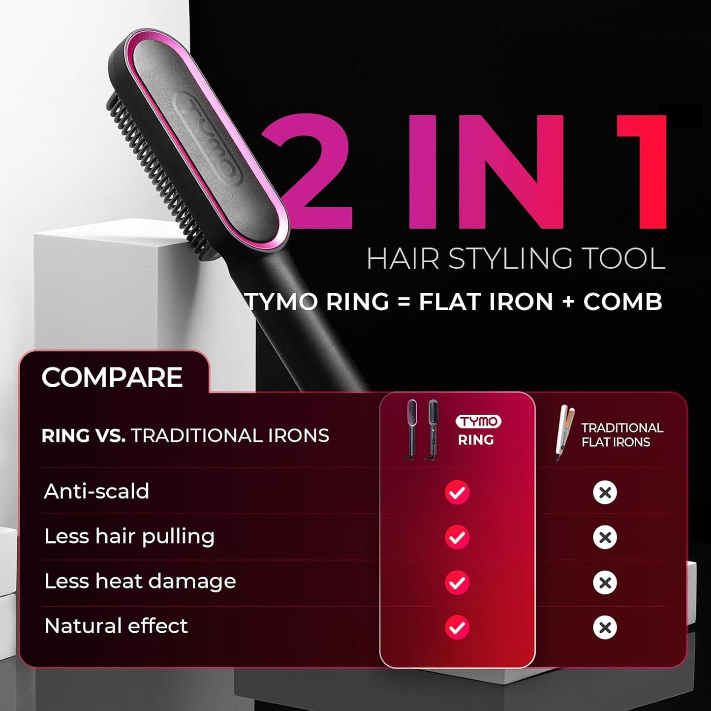 Next Day Delivery TYMO Hair Straightener Brush UK, Flat Iron and Hair Brush 2-in-1, Anti-Scald, Fast Heating, 5 Temp Settings (130℃-210℃), Professional Salon at Home, Wider Comb for Even Straightening, TYMO Ring