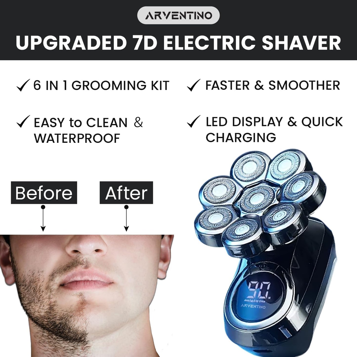 Next Day Delivery ARVENTINO Electric Head Shavers for Men - 8D Upgraded 6-in-1 Bald Head Shaver - IPX6 Waterproof Electric Razor Grooming Kit with LED Display, Cordless, Portable