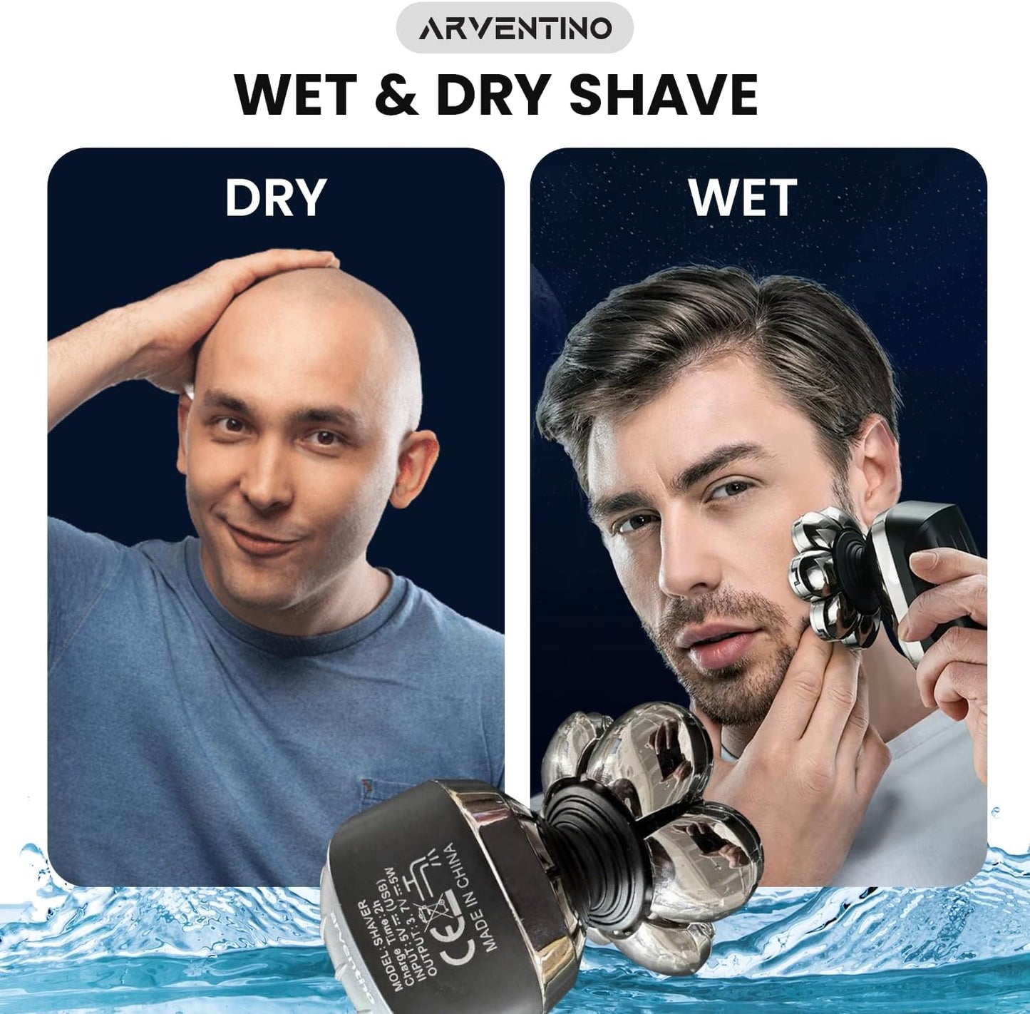 Next Day Delivery ARVENTINO Electric Head Shavers for Men - 8D Upgraded 6-in-1 Bald Head Shaver - IPX6 Waterproof Electric Razor Grooming Kit with LED Display, Cordless, Portable