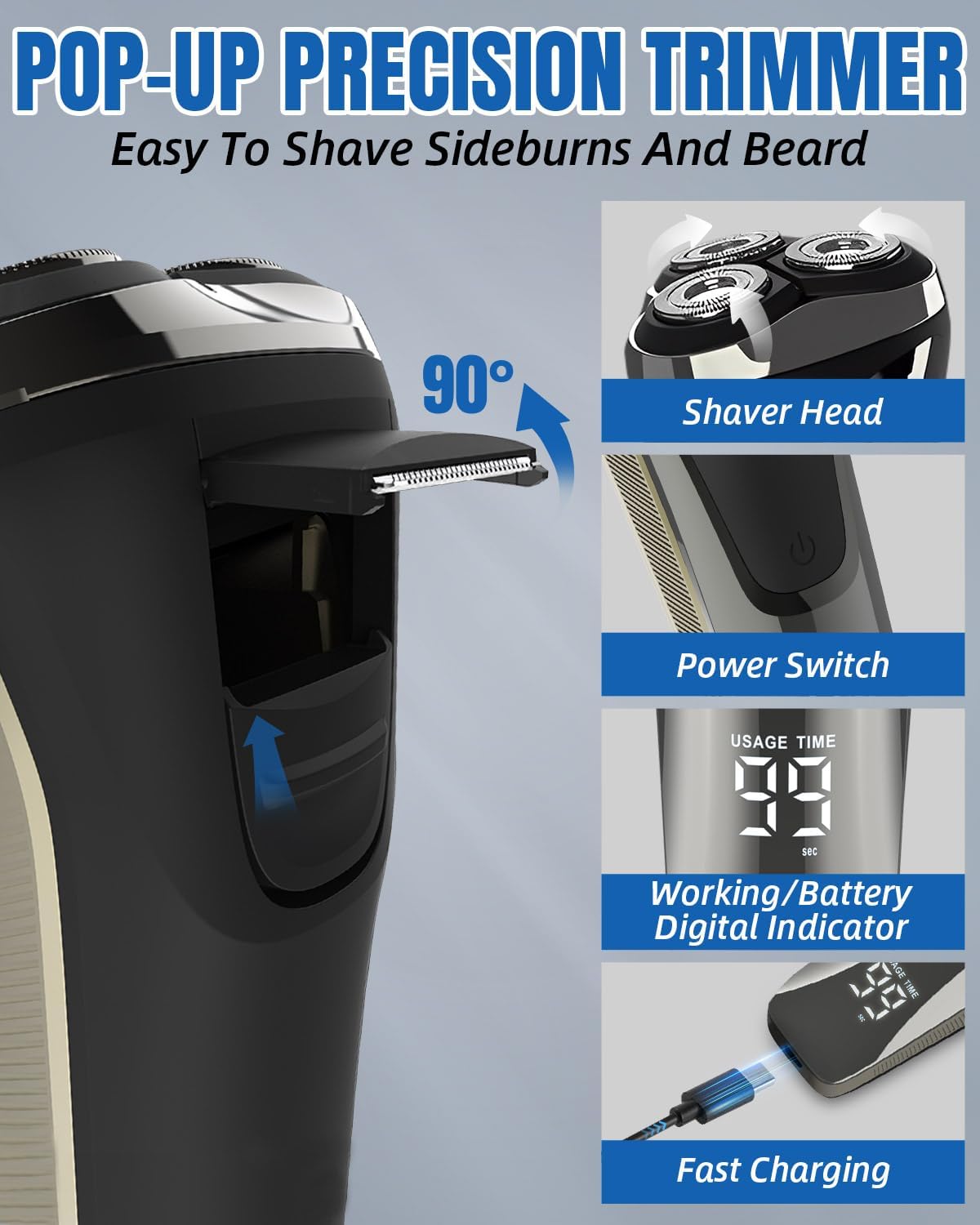 Next Day Delivery Electric Shavers Men Rechargeable - Wet and Dry Waterproof Rechargeable Razors for Men with Pop-up Trimmer Cordless Men's 4D Rotary Electric Razor for Men with LCD Display & Travel Lock IPX6