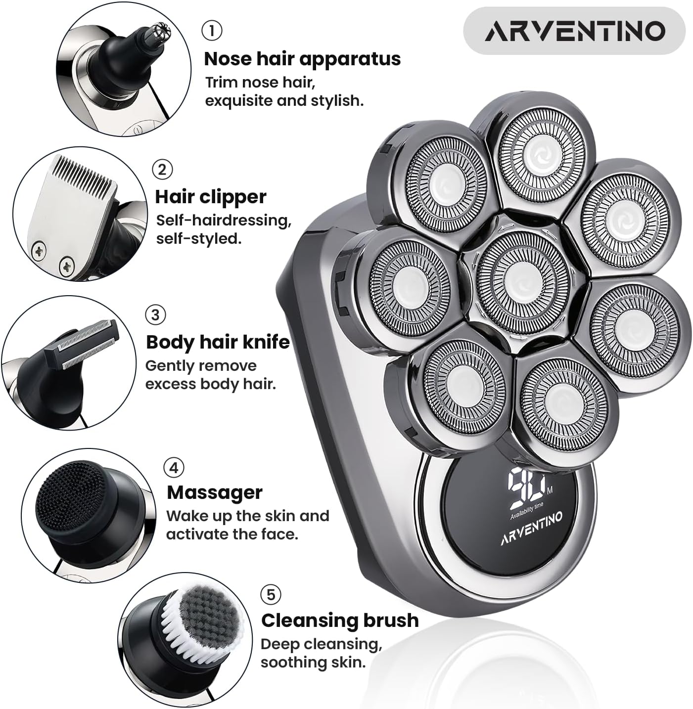 Next Day Delivery ARVENTINO Electric Head Shavers for Men - 8D Upgraded 6-in-1 Bald Head Shaver - IPX6 Waterproof Electric Razor Grooming Kit with LED Display, Cordless, Portable