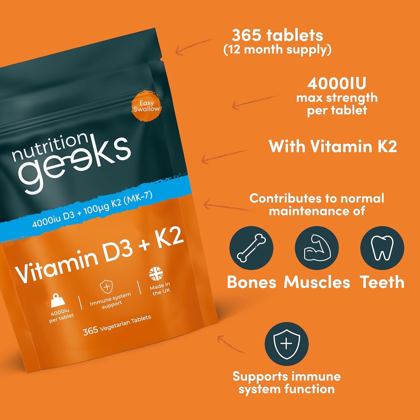 Next Day Delivery Vitamin D3 4000 iu & Vitamin K2 MK7 100μg - 1 Year Supply, 365 Easy-Swallow Vitamin D3 K2 Tablets, 1-A-Day High Strength Vegetarian D3 and K2 Vitamin Supplements, UK Made Vitamin D Tablets