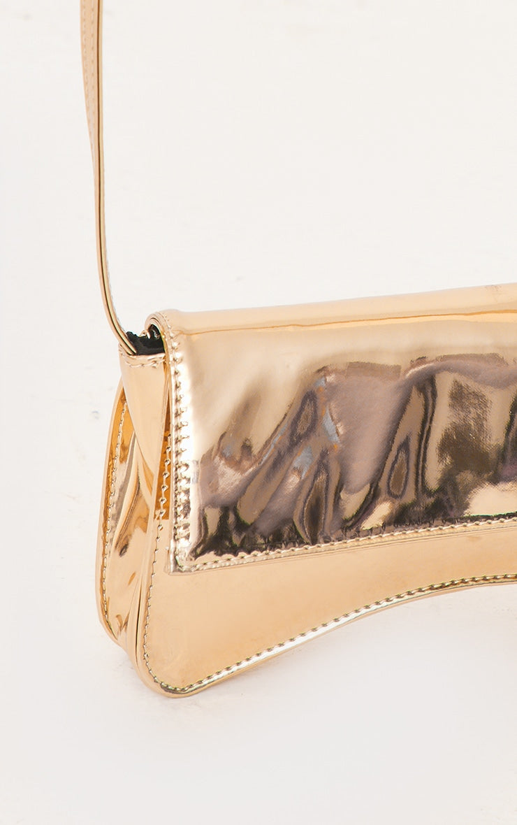 Gold PU Flap Over Baguette Shoulder Bag