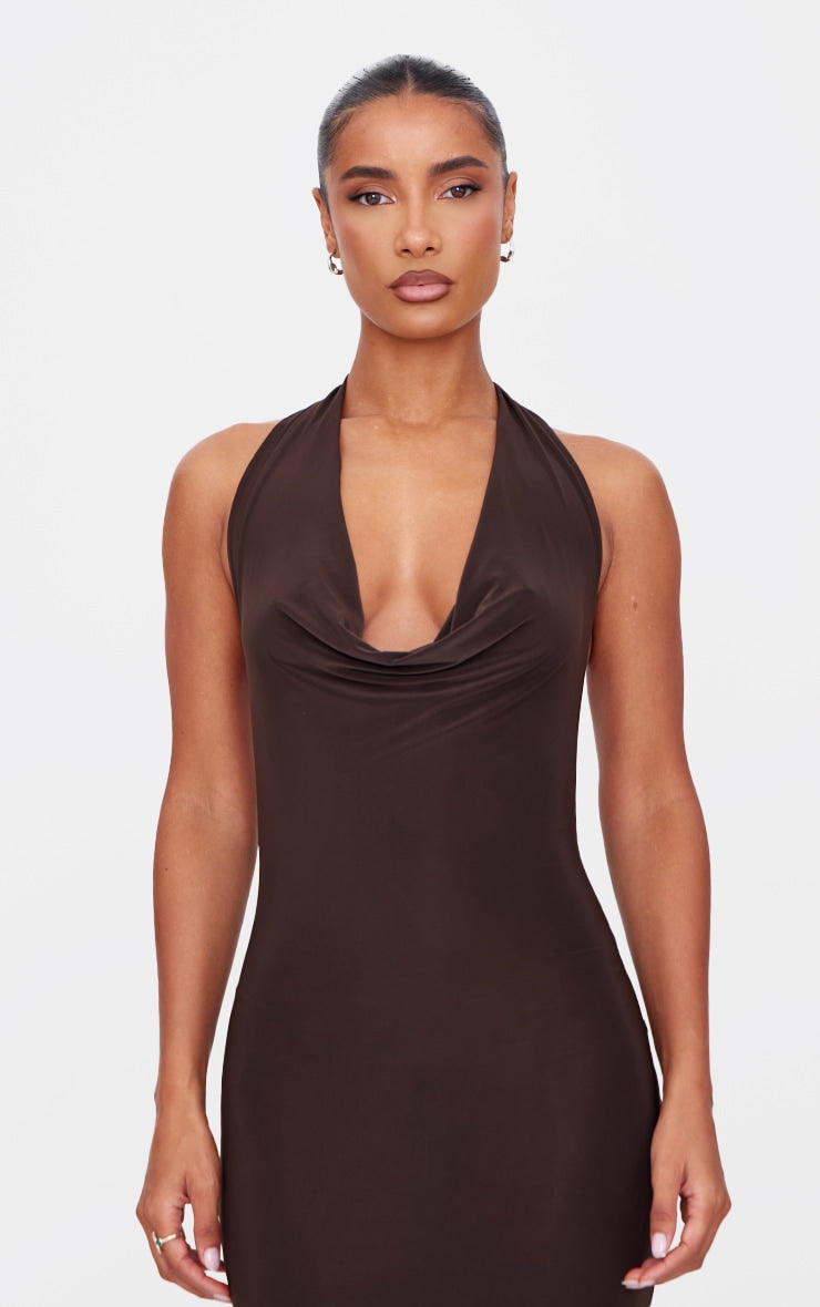 Chocolate Soft Touch Cowl Neck Twist Back Detail Maxi Dress Next Day Delivery