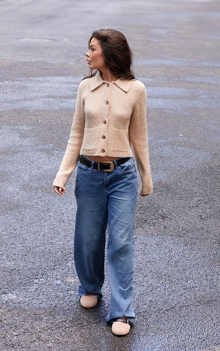 Beige Soft Textured Knit Button Up Collar Detail Cardigan Next Day Delivery Before 10 pm