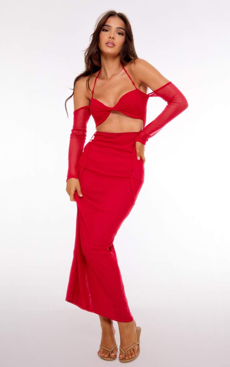 Black Mesh Cut Out Twist Detail Maxi Dress