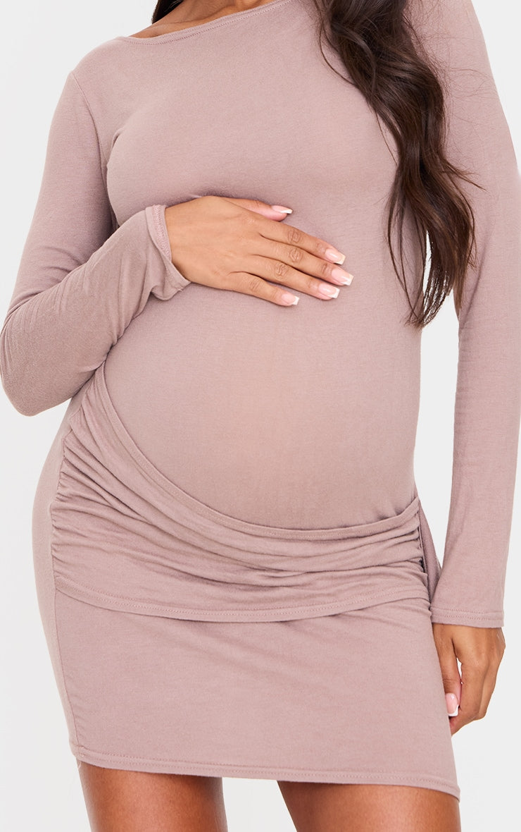 Maternity Mocha Brushed Tie Front Mini Dress