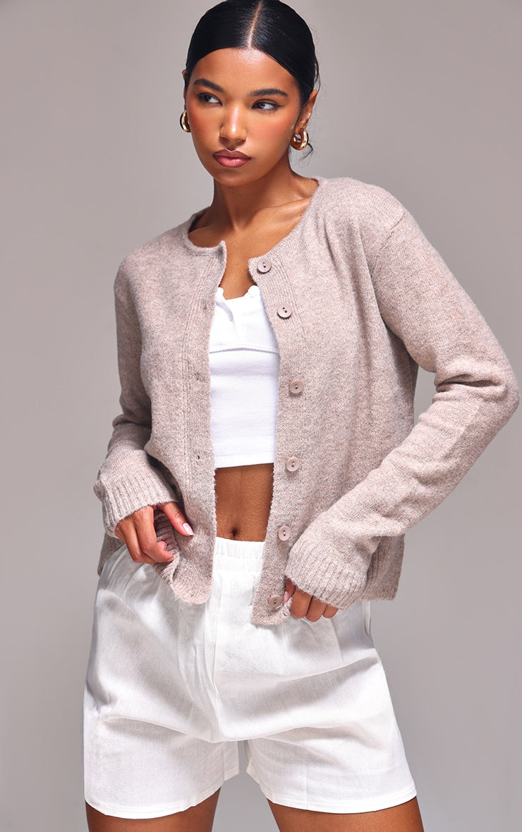 Taupe Melange Soft Knit Basic Button Up Cardigan Next Day Delivery Before 10 pm