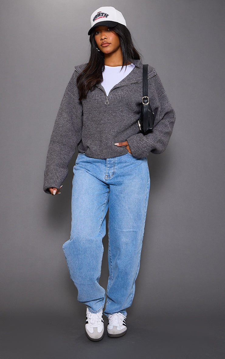 Next Day Delivery Before 10 PM Charcoal Grey Marl Chunky Knit Half Zip Jumper