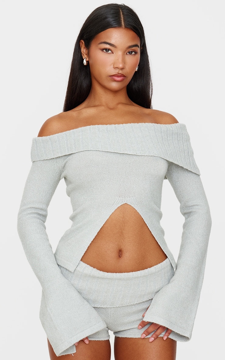 Light Grey Textured Knit Foldover Shorts Next Day Before 10 PM