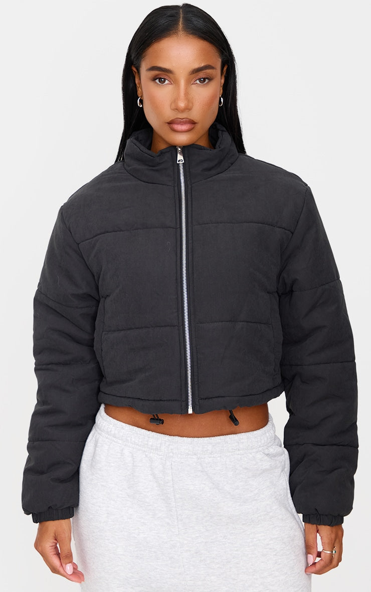 Black Super Cropped Peach Skin Puffer Next Day Delivery Before 10PM