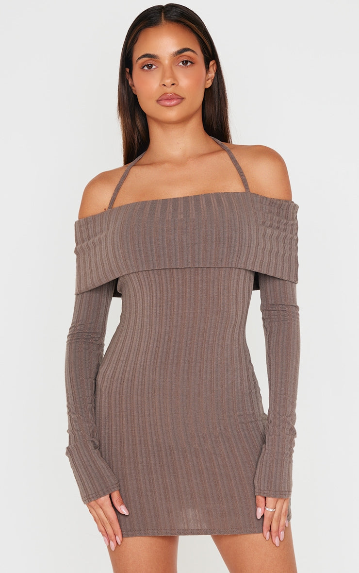 Cream Rib Bardot Fold Over Bodycon Dress