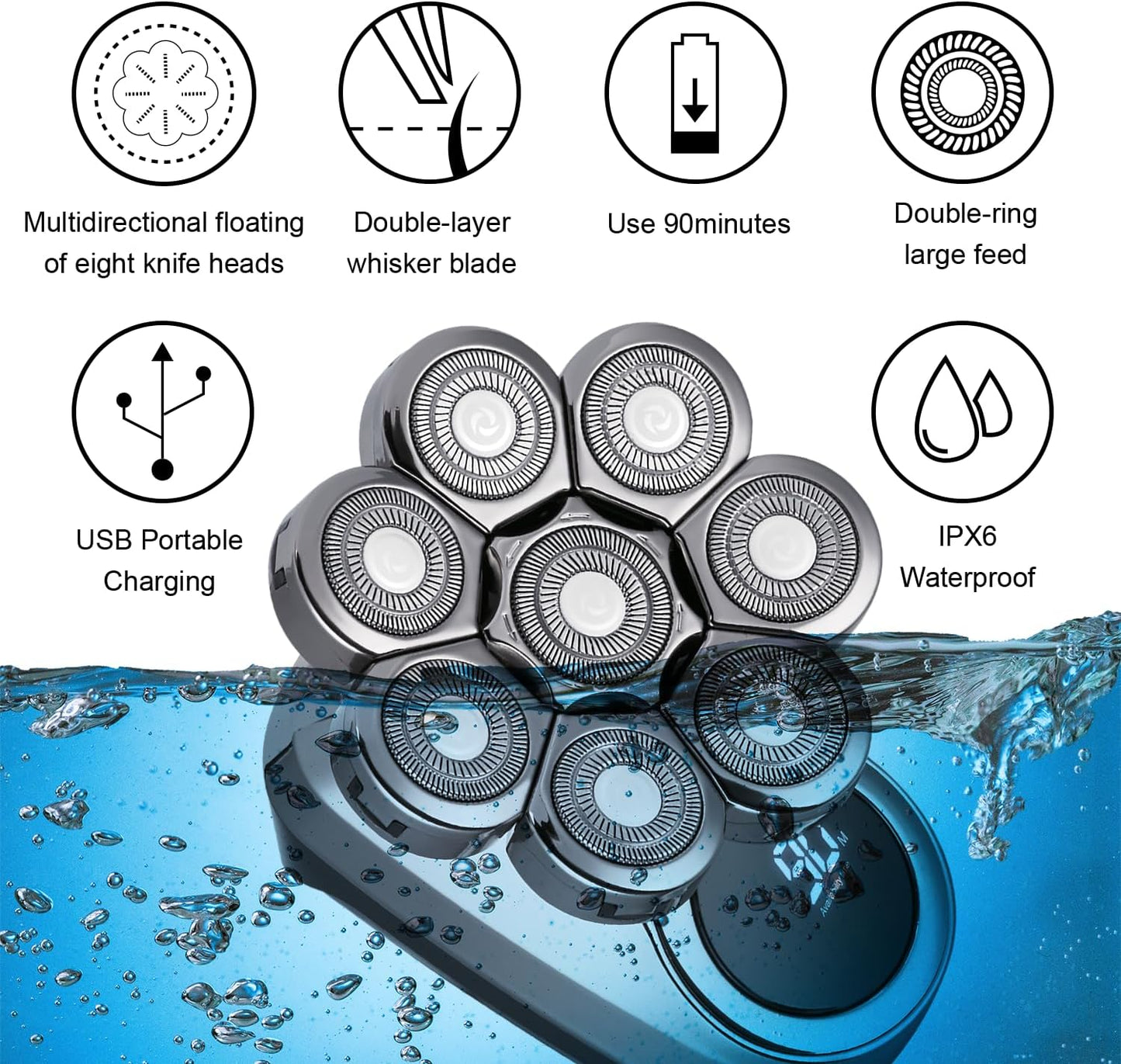 Next Day Delivery ARVENTINO Electric Head Shavers for Men - 8D Upgraded 6-in-1 Bald Head Shaver - IPX6 Waterproof Electric Razor Grooming Kit with LED Display, Cordless, Portable