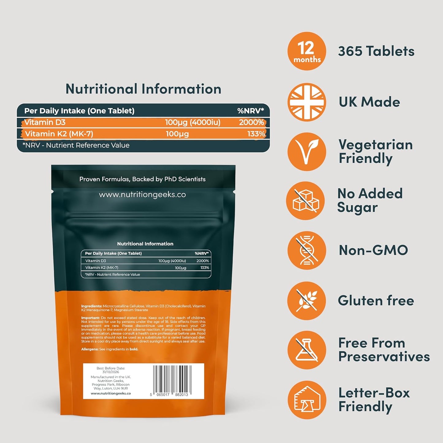 Next Day Delivery Vitamin D3 4000 iu & Vitamin K2 MK7 100μg - 1 Year Supply, 365 Easy-Swallow Vitamin D3 K2 Tablets, 1-A-Day High Strength Vegetarian D3 and K2 Vitamin Supplements, UK Made Vitamin D Tablets