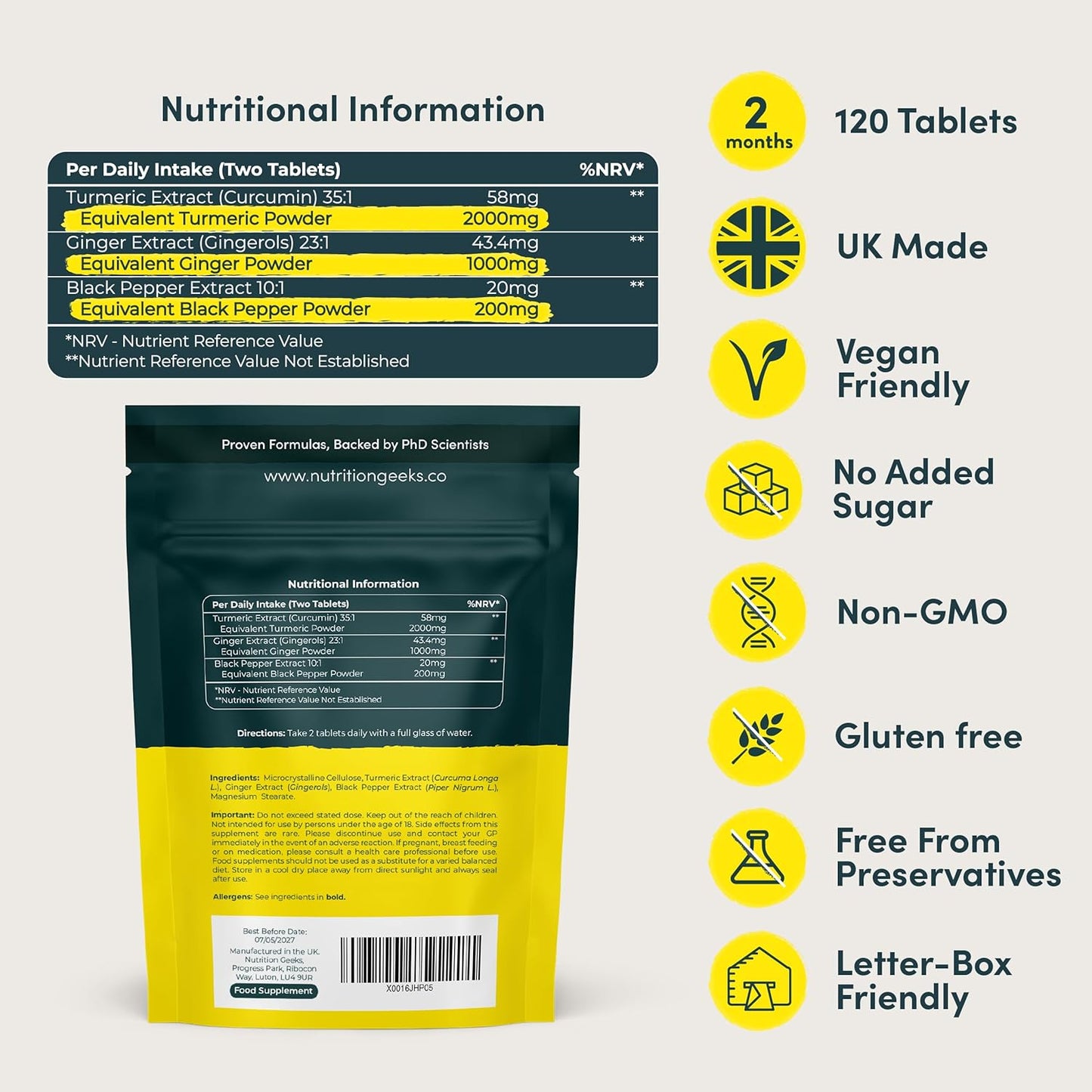Next Day Delivery Turmeric Tablets 2000mg with Black Pepper & Ginger | 120 High Strength Curcumin Supplements | Turmeric and Black Pepper Tablets (Not Turmeric Capsules or Powder) | Vegan and Gluten Free | UK Made