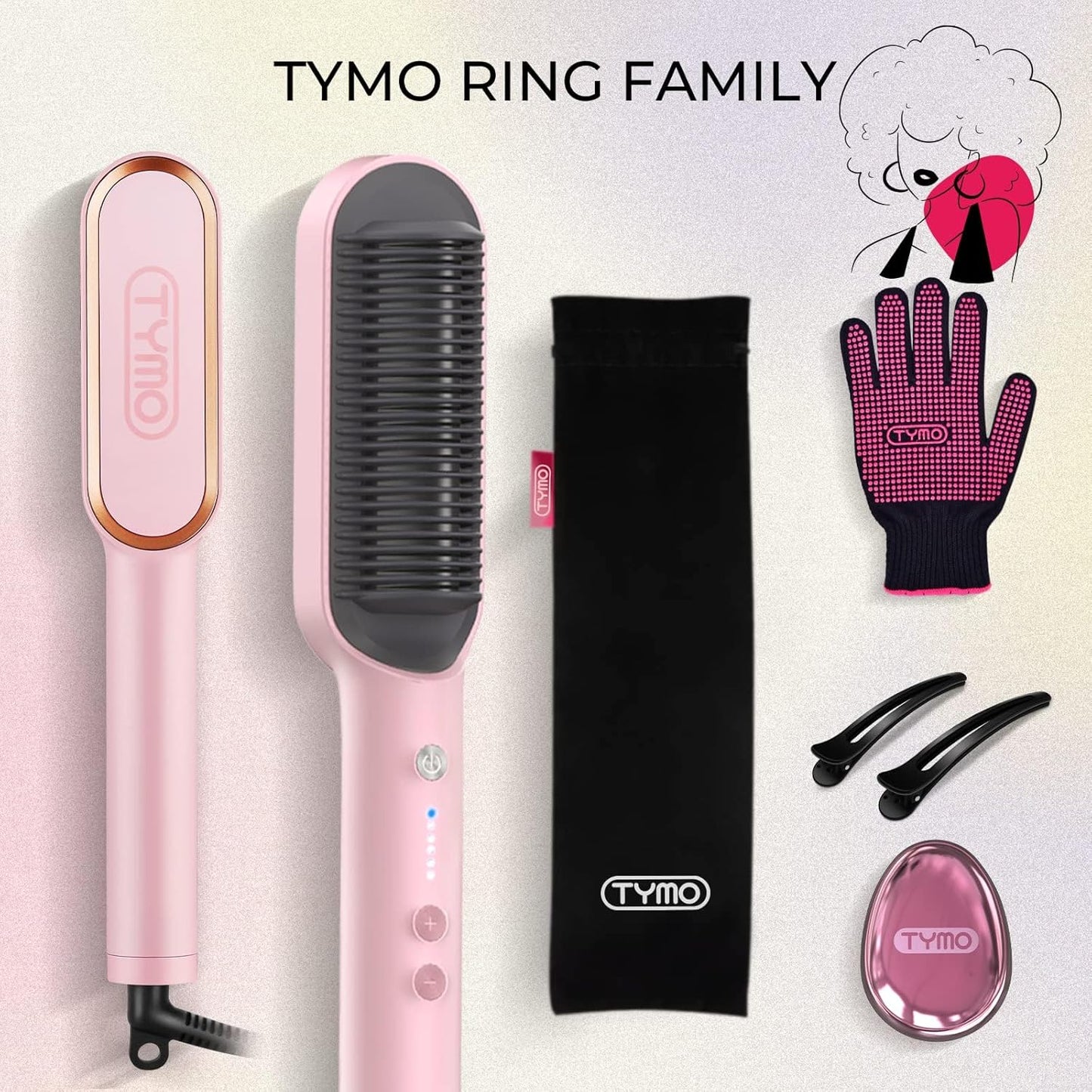 Next Day Delivery TYMO Hair Straightener Brush UK, Flat Iron and Hair Brush 2-in-1, Anti-Scald, Fast Heating, 5 Temp Settings (130℃-210℃), Professional Salon at Home, Wider Comb for Even Straightening, TYMO Ring