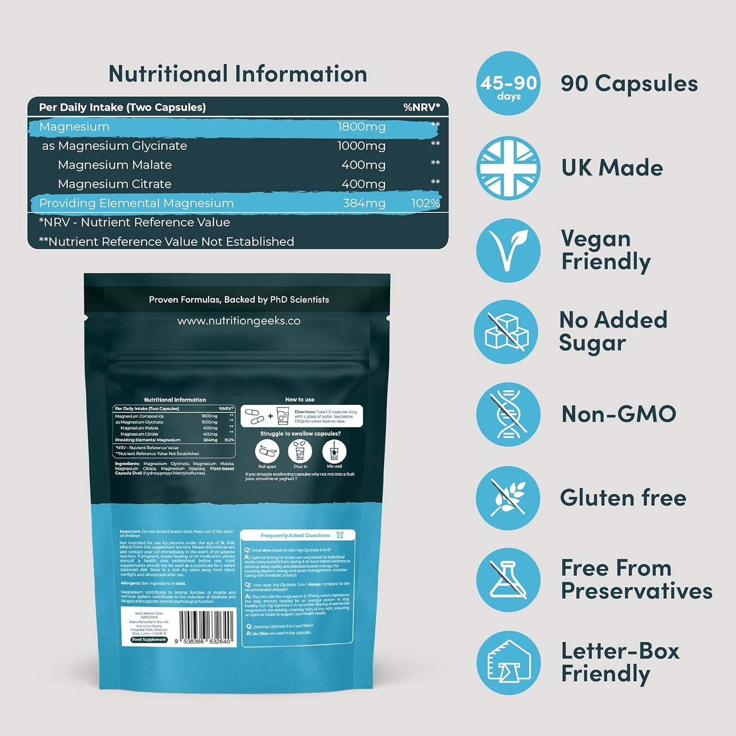 Next Day Delivery Magnesium Glycinate 3-in-1 Complex - 1800mg Supplements as Bisglycinate, Citrate & Malate 90 Vegan Capsules, Triple High Absorption 384mg Elemental, UK Made