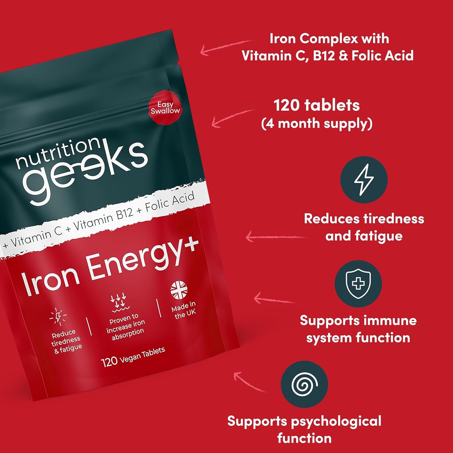 Next Day Delivery Iron Tablets High Strength Tablets with Vitamin C, B12 & Folic Acid - 120 Vegan Supplements for Women and Men - 14mg Iron Vitamin for Enhanced Energy Support & Increased Absorption | UK