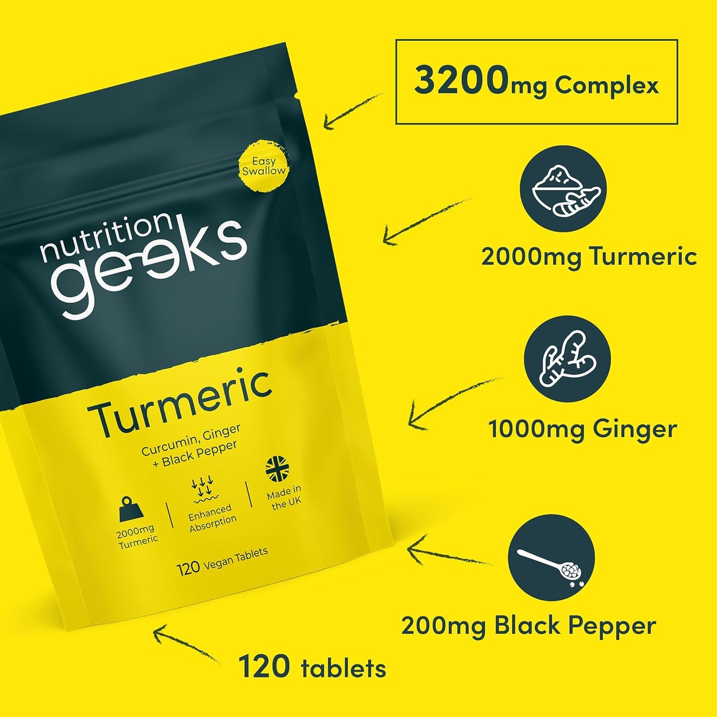 Next Day Delivery Turmeric Tablets 2000mg with Black Pepper & Ginger | 120 High Strength Curcumin Supplements | Turmeric and Black Pepper Tablets (Not Turmeric Capsules or Powder) | Vegan and Gluten Free | UK Made