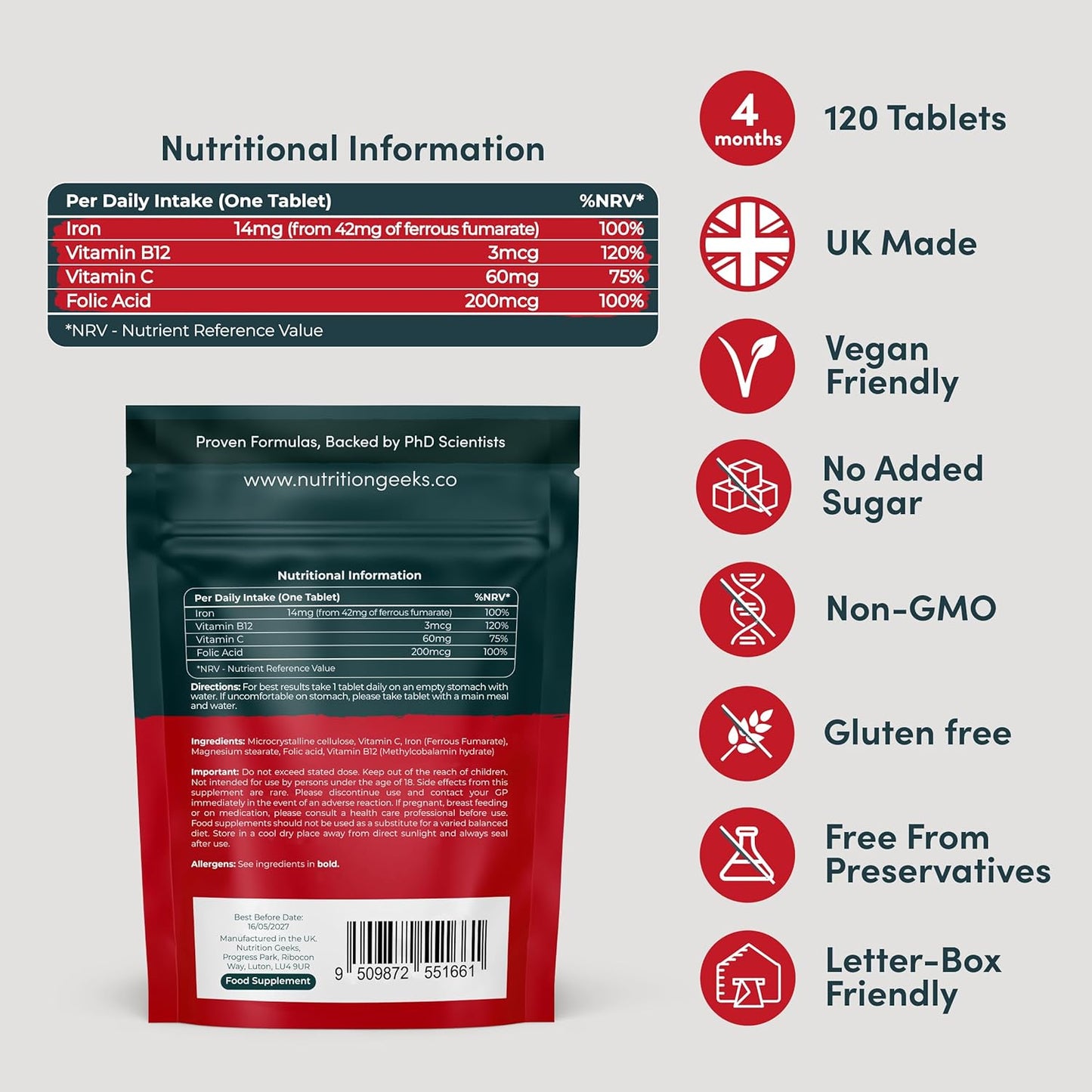 Next Day Delivery Iron Tablets High Strength Tablets with Vitamin C, B12 & Folic Acid - 120 Vegan Supplements for Women and Men - 14mg Iron Vitamin for Enhanced Energy Support & Increased Absorption | UK