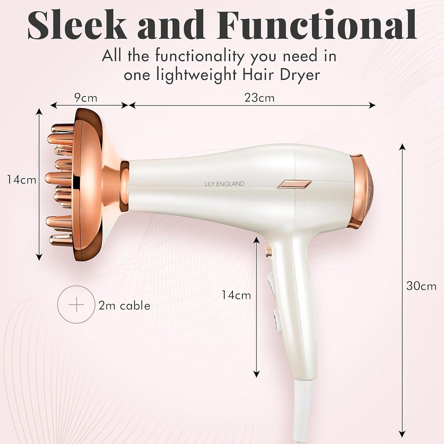 Next Day Delivery RRP £49.99 Lily England Lightweight Hair Dryer - Quiet Hairdryer with Cold Setting for Shine Boost, Hairdryers for Women Multiple Heat & Speed Settings, White & Rose Gold