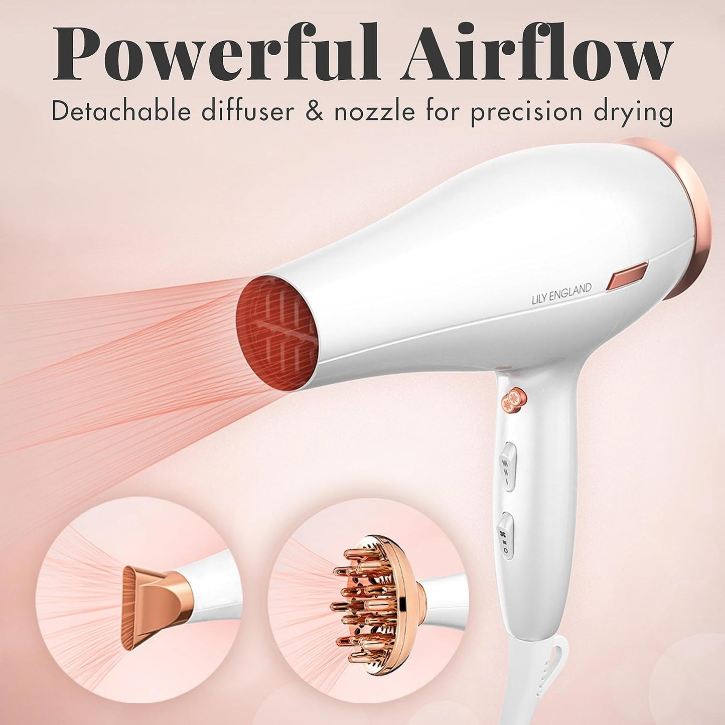 Next Day Delivery RRP £49.99 Lily England Lightweight Hair Dryer - Quiet Hairdryer with Cold Setting for Shine Boost, Hairdryers for Women Multiple Heat & Speed Settings, White & Rose Gold