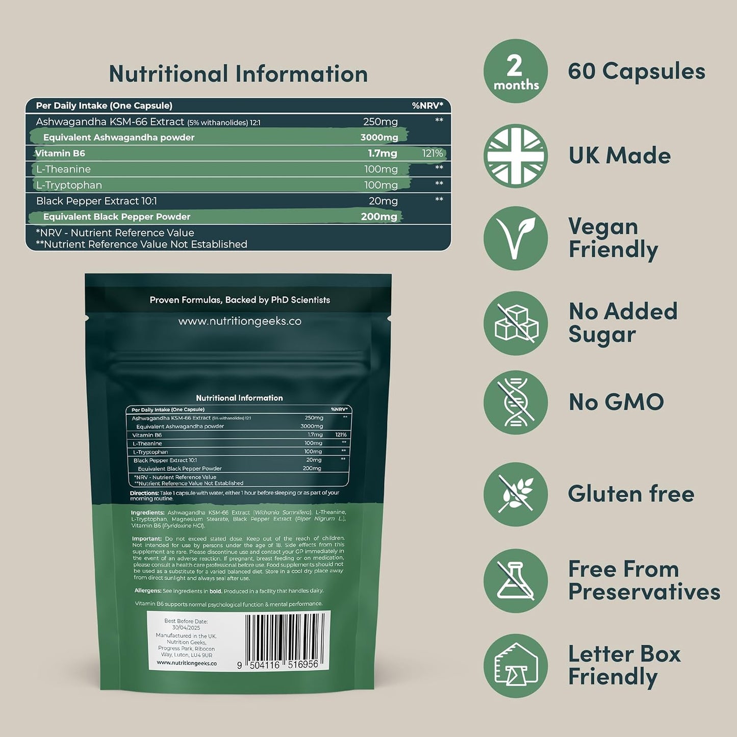 Next Day Delivery Ashwagandha KSM 66 Complex - 3000mg Enhanced with Amino Acids & Vitamin B6 for Sleep Aid & Calm (2 Month Supply) - KSM 66 Ashwagandha Capsules with 250mg Extract, Upgraded Formula - Vegan, Made in UK