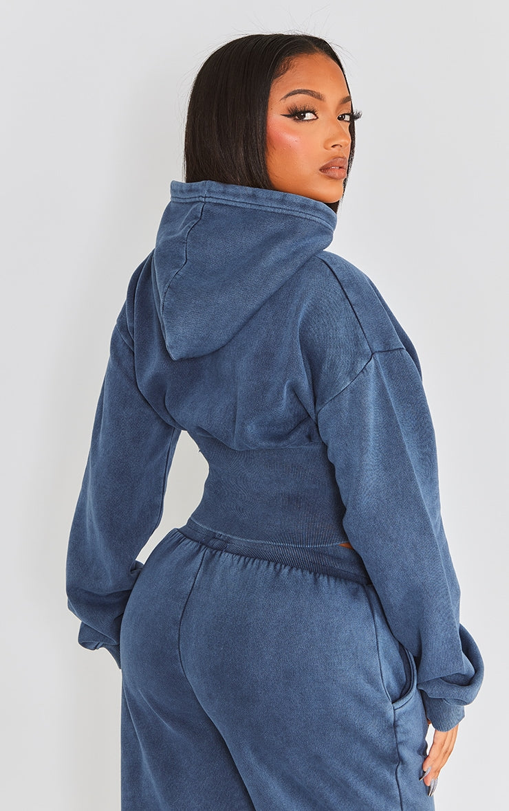 Shape Blue Sweat Cropped Shirred Waist Hoodie Next Day Delivery Before 10 pm